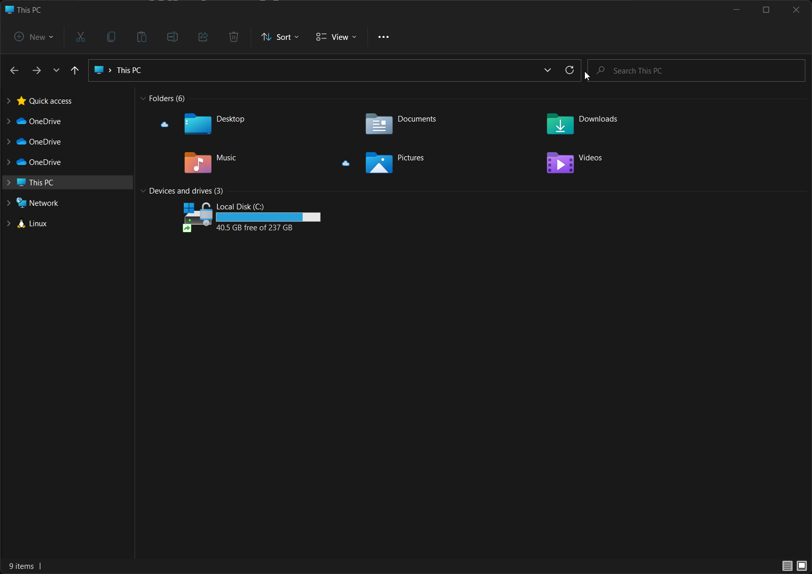 Screenshot of the Windows 11 File Explorer, showcasing the new icons for folders, which are a more rounded icon, wiht gradients being used to suggest that they're glowing