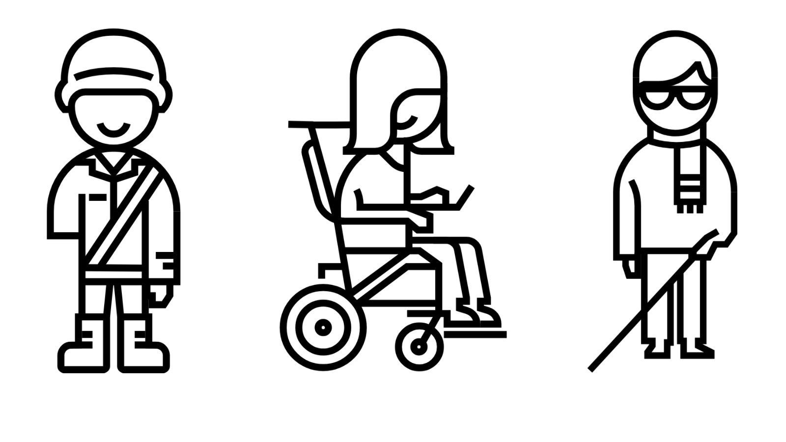 Line drawings of someone with a missing arm, someone in a wheelchair and a blind person using a cane
