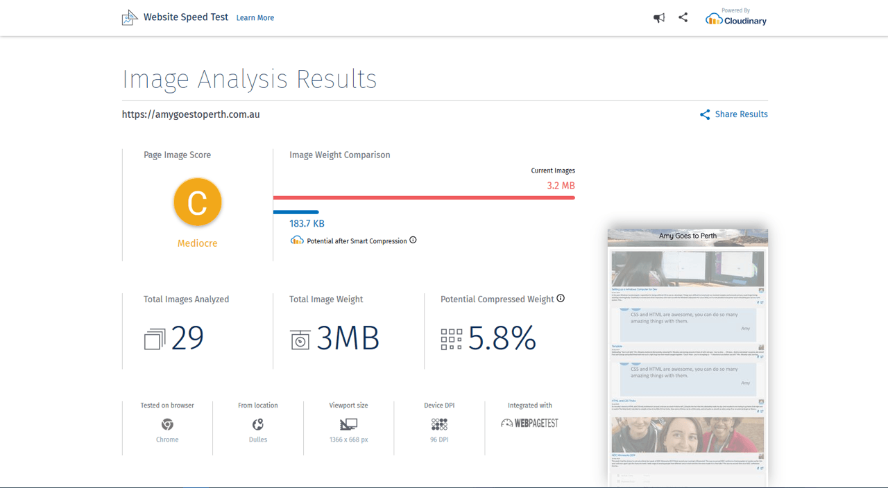Screenshot of the results of a website speed test. It shows that the page has 3.2MB of images, and claims this can be compressed to 183.7KB.