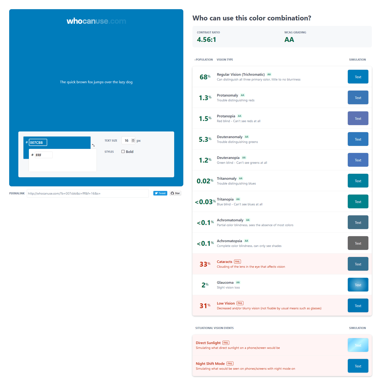 Screenshot of whocanuse which shows a block of blue, and a list of how that blue is visualised for people with different types of vision.