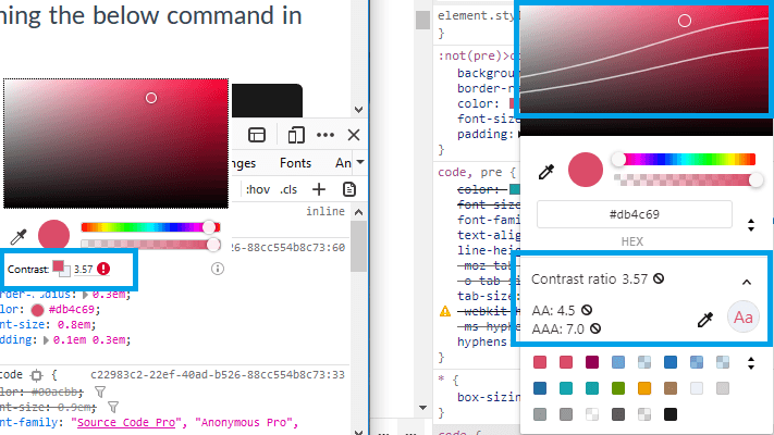 Firefox (left), Chrome, and Edge Beta (right) Dev Tools now analyse contrast ratios in the colour picker. The Chromium-based browsers also show curves on the colour picker to let you know which shades would meet the contrast requirements. A screenshot of the output of browser dev tools, and how they show alerts about low contrast ratio.