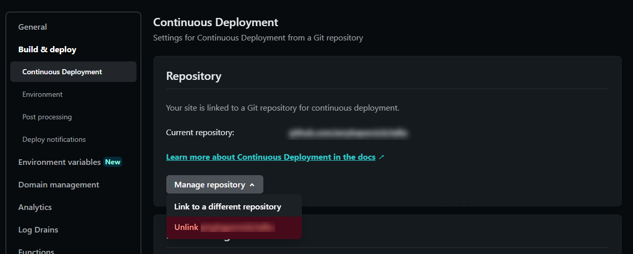 Screenshot of the Netlify Build and Deploy settings page, showing the Unlink button to remove the linked repository