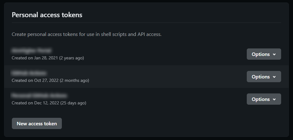 Screenshot of the Personal access tokens section of the personal settings page showing the New access token button
