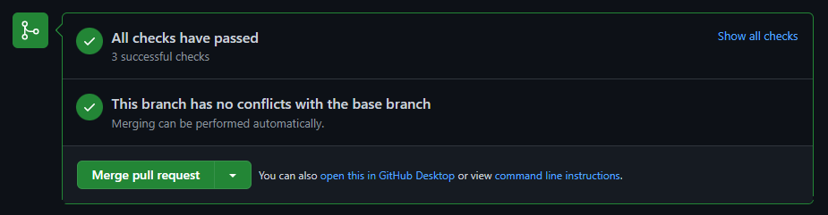 Screenshot of the checks section of the pull request showing that all checks have passed and the Merge pull reuqest button can be clicked