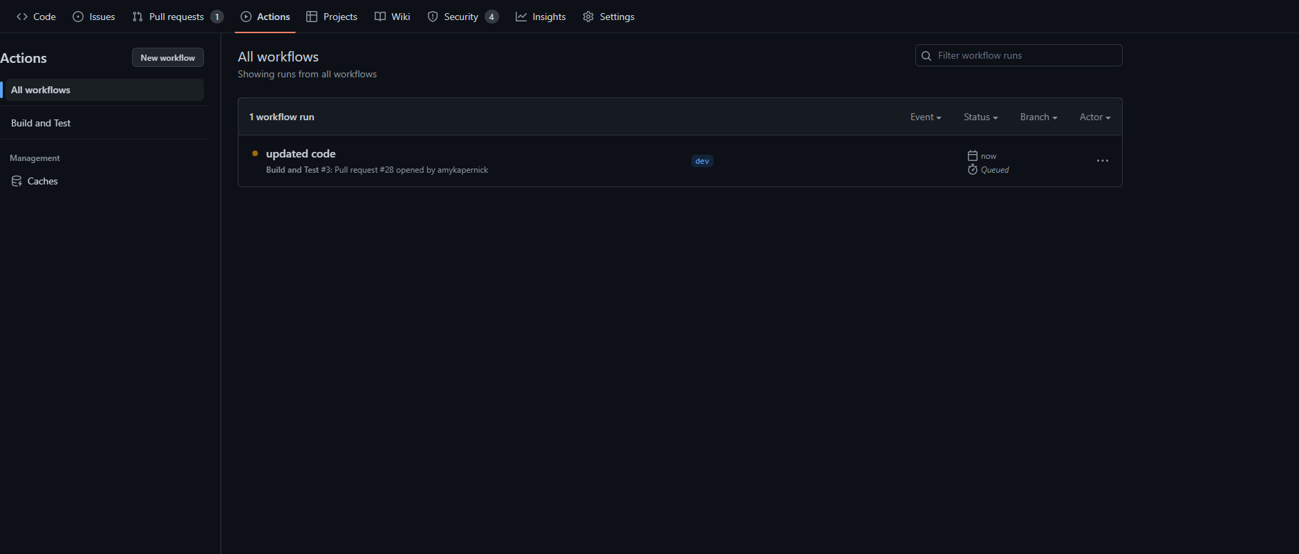 The GitHub Actions tab showing one "Build and Test" workflow and one current workflow run