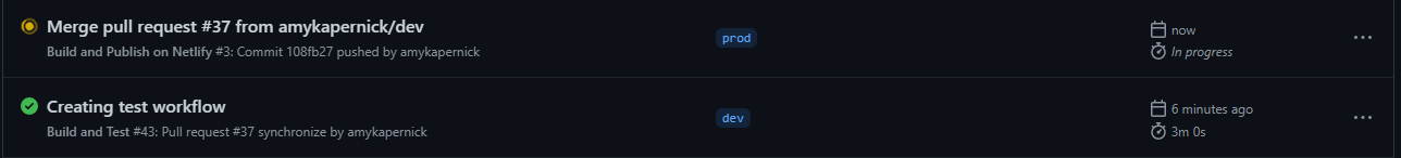 Screenshot of the actions workflow runs showing a previous successful run for the Build and Test workflow and a currently completing run for the Build and Publish run as part of the pull request merge
