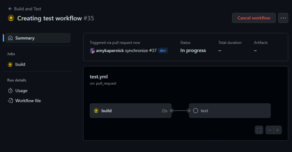 Screenshot of the workflow run showing the build job currently in progress, with the test job linked to but after it not yet started