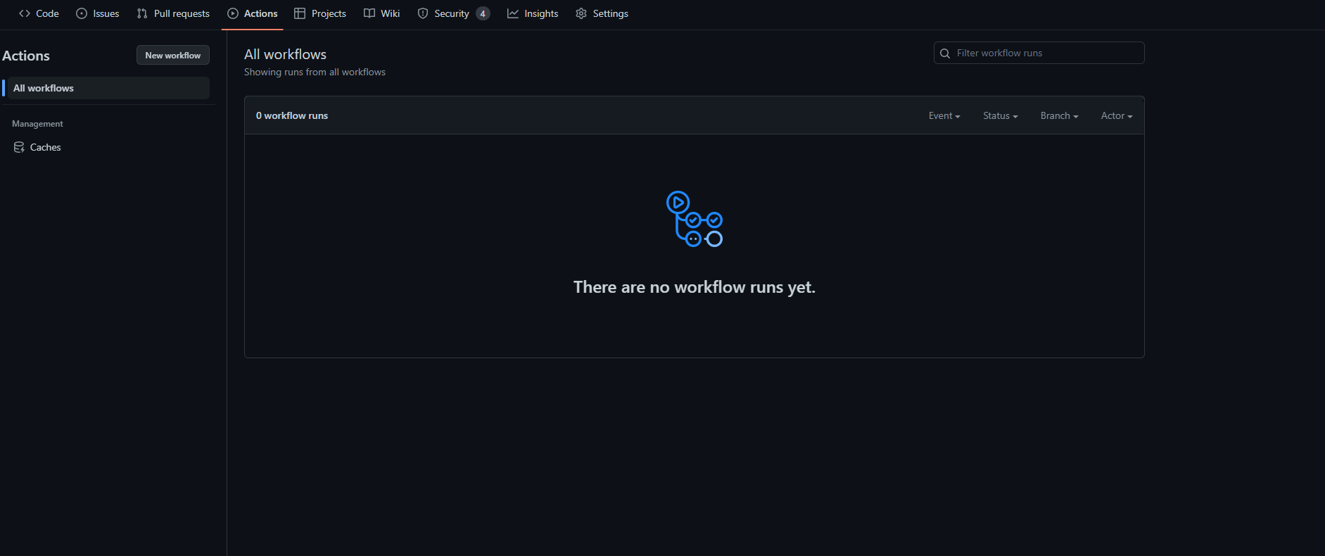 An empty page that says "There are no workflow runs yet"